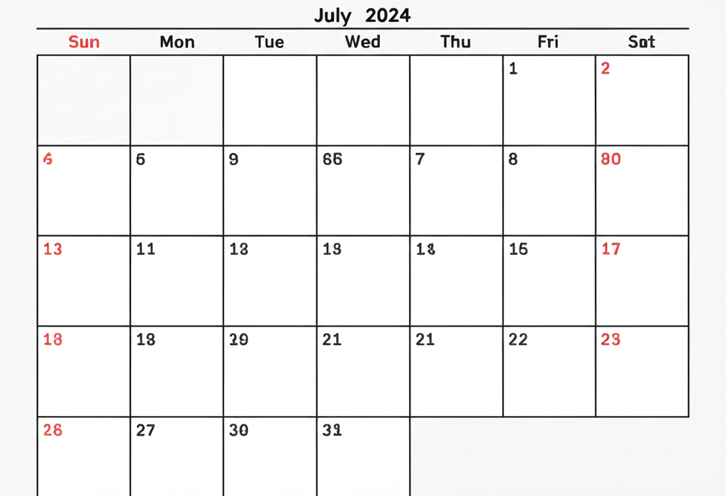 July 2024 Monthly Calendar Template